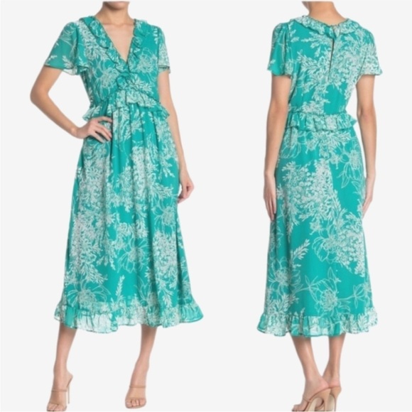 Abound Floral Ruffle Midi Dress Green White V neck Girly Flirt Spring Summer - Picture 1 of 8